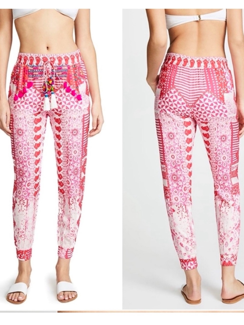 HEMANT & NANDITA pink white print embroidered tassel drawstring waist pants